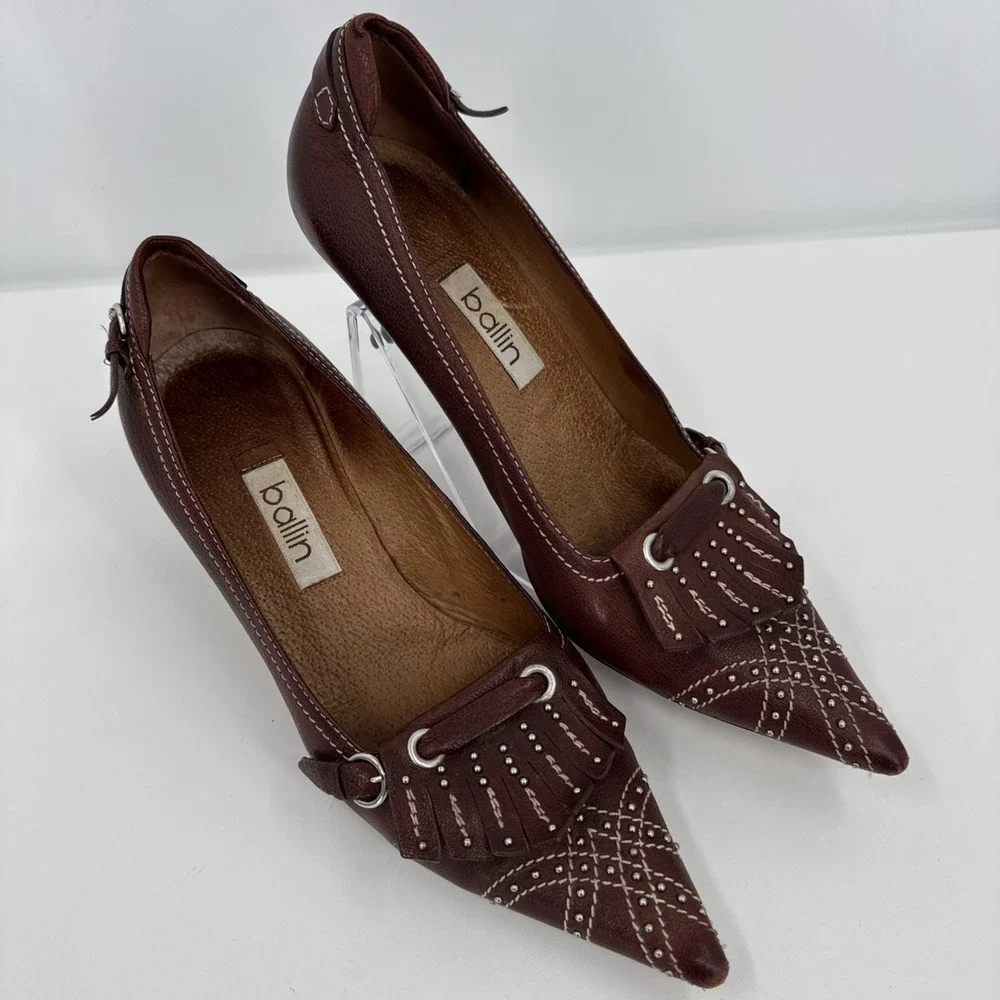 Ballin VTG Brown‎ Leather Kitten Heel 37.5 Italy Studded Fringe Metal Classic